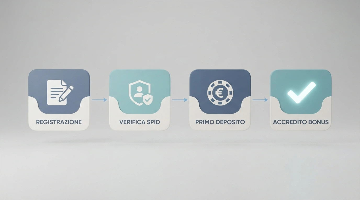 Schema che illustra i passagi per attivare un bonus di benvenuto: registrazione, SPID, deposito e accredito