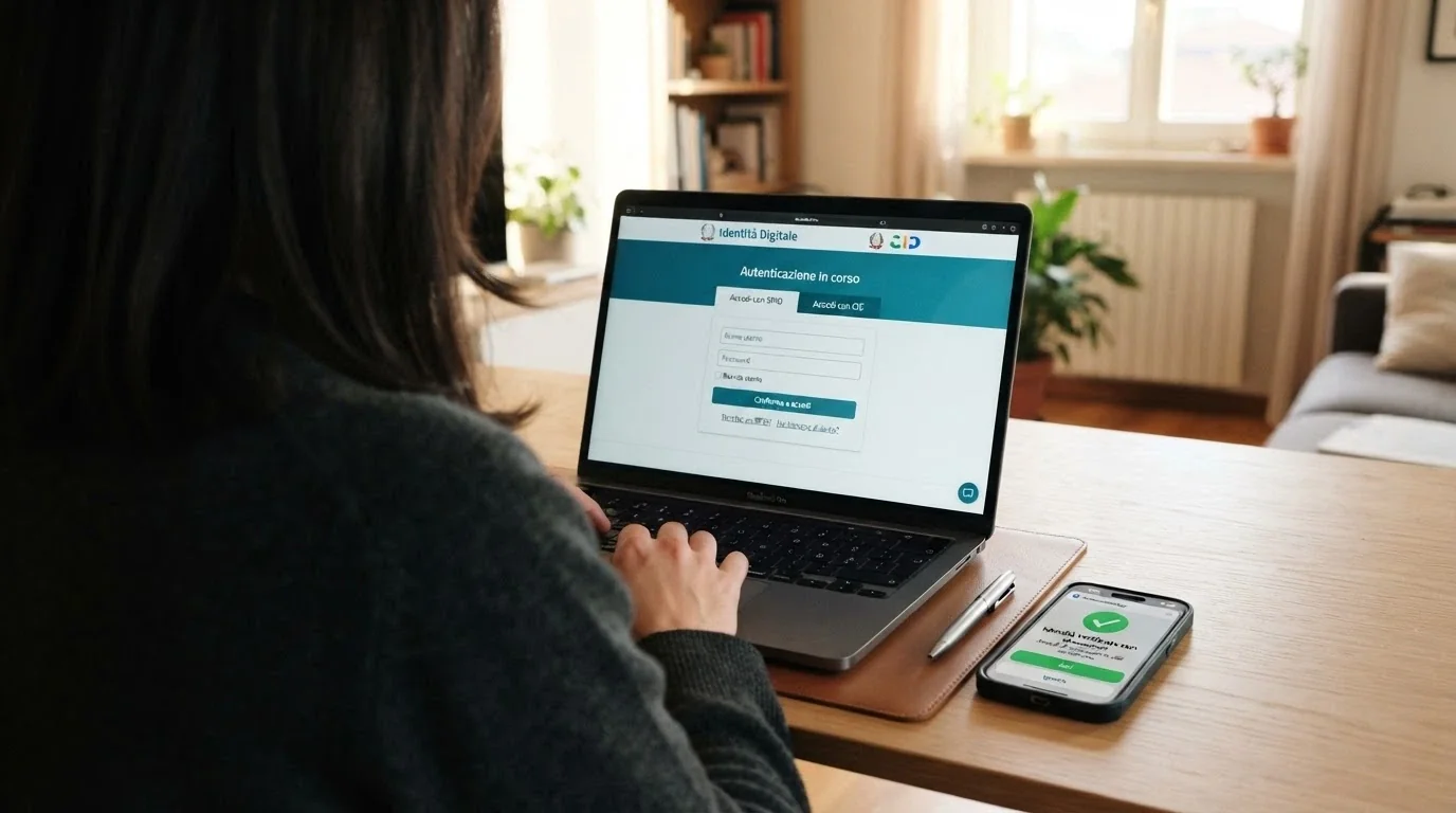 Lo schermo di un computer con il logo SPID e la schermata di autenticazione a un identity provider, affiancato da un telefono che mostra la notifica di conferma identità