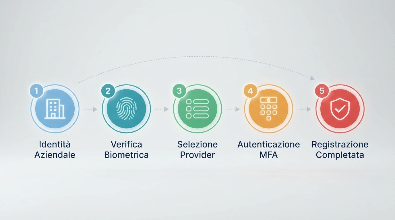I cinque passaggi della registrazione SPID visualizzati in sequenza: scelta casinò, clic su SPID, selezione provider, inserimento OTP, conferma conto attivo