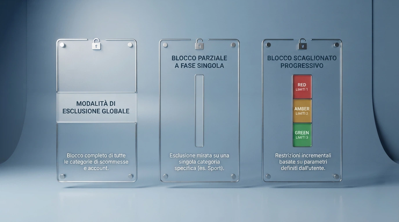 Una rappresentazione visiva delle tre modalità di autoesclusione del RUA 2026: trasversale, per singolo concessionario, per categoria di gioco
