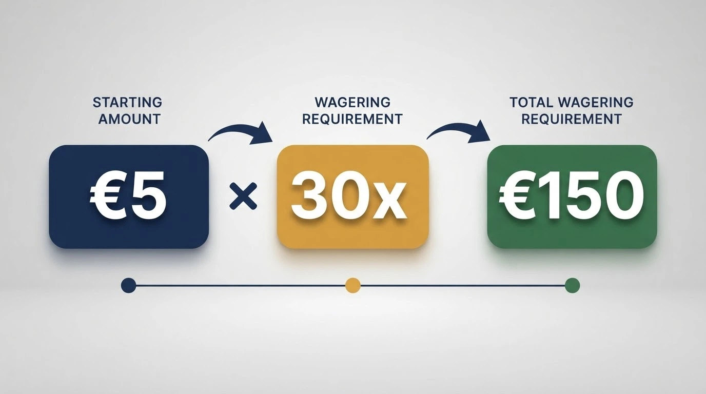 Schema visivo che mostra il calcolo del requisito di puntata: una somma iniziale moltiplicata per il wagering fino al totale da rigiocare