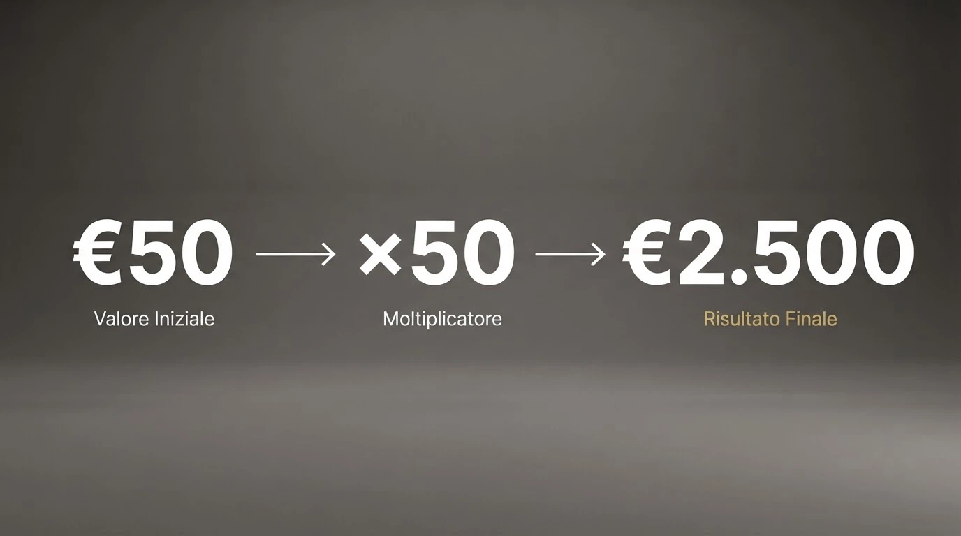 Un calcolo visivo che mostra come un bonus da 50€ con wagering 50x richieda 2.500€ di giro scommesse prima di diventare prelevabile