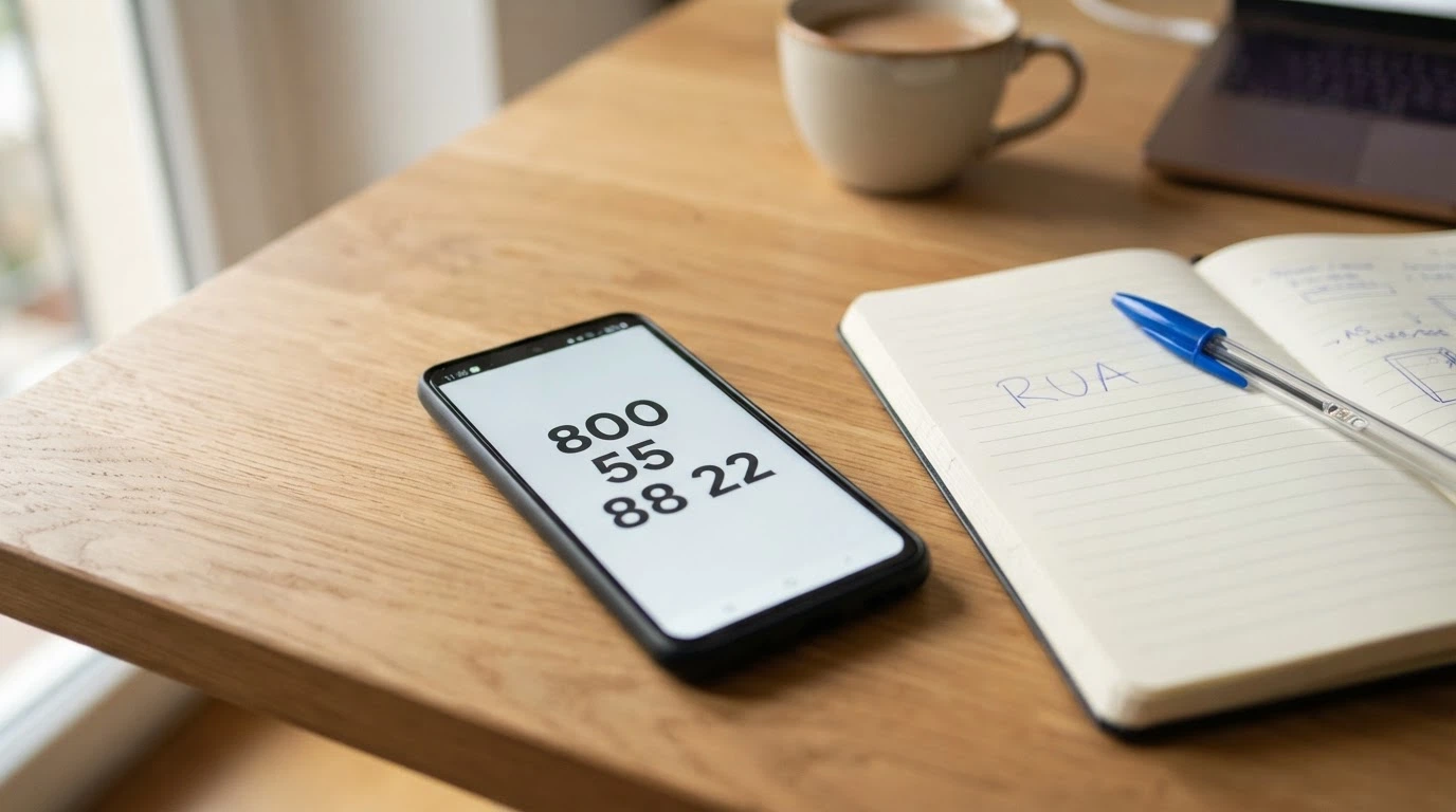 Un telefono con il numero 800 55 88 22 sullo schermo, accanto un blocco note con la scritta RUA e una penna