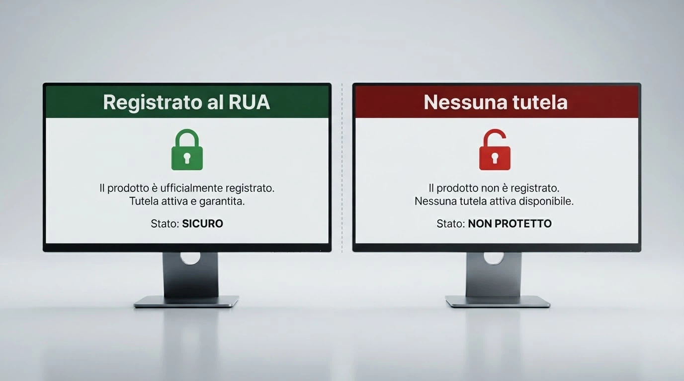 Un'illustrazione a contrasto: a sinistra uno schermo con il lucchetto ADM verde e la dicitura «Registrato al RUA», a destra uno schermo con il lucchetto rosso aperto e la dicitura «Nessuna tutela», separati da una linea tratteggiata.