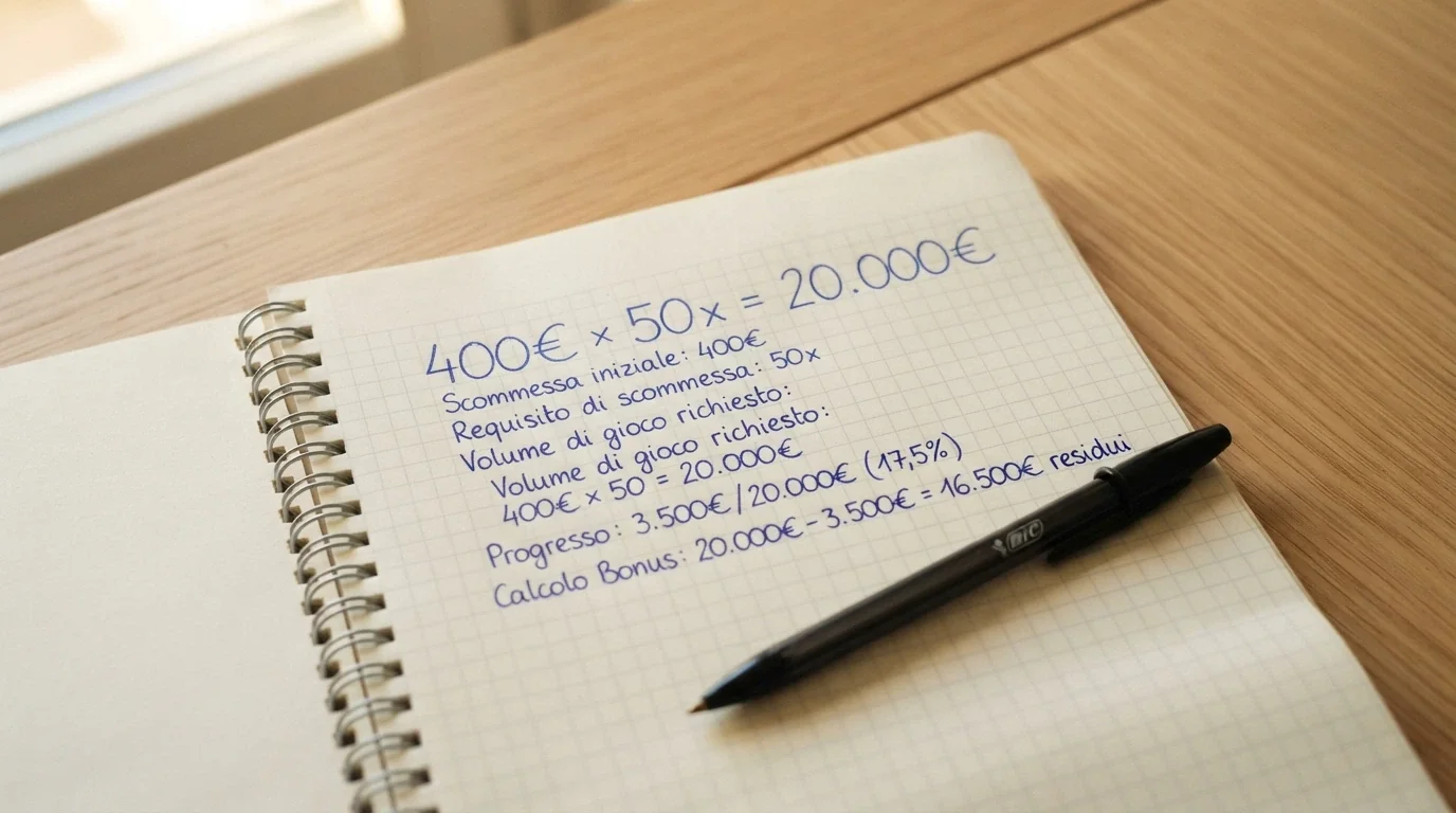 Un calcolo scritto a mano su un foglio: «400€ × 50x = 20.000€» con una calcolatrice accanto