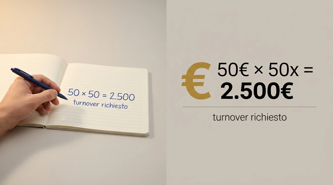 Una calcolatrice stilizzata accanto a un bonus da 50€ mostra la moltiplicazione: 50€ × 50x = 2.500€ di turnover richiesto prima del prelievo