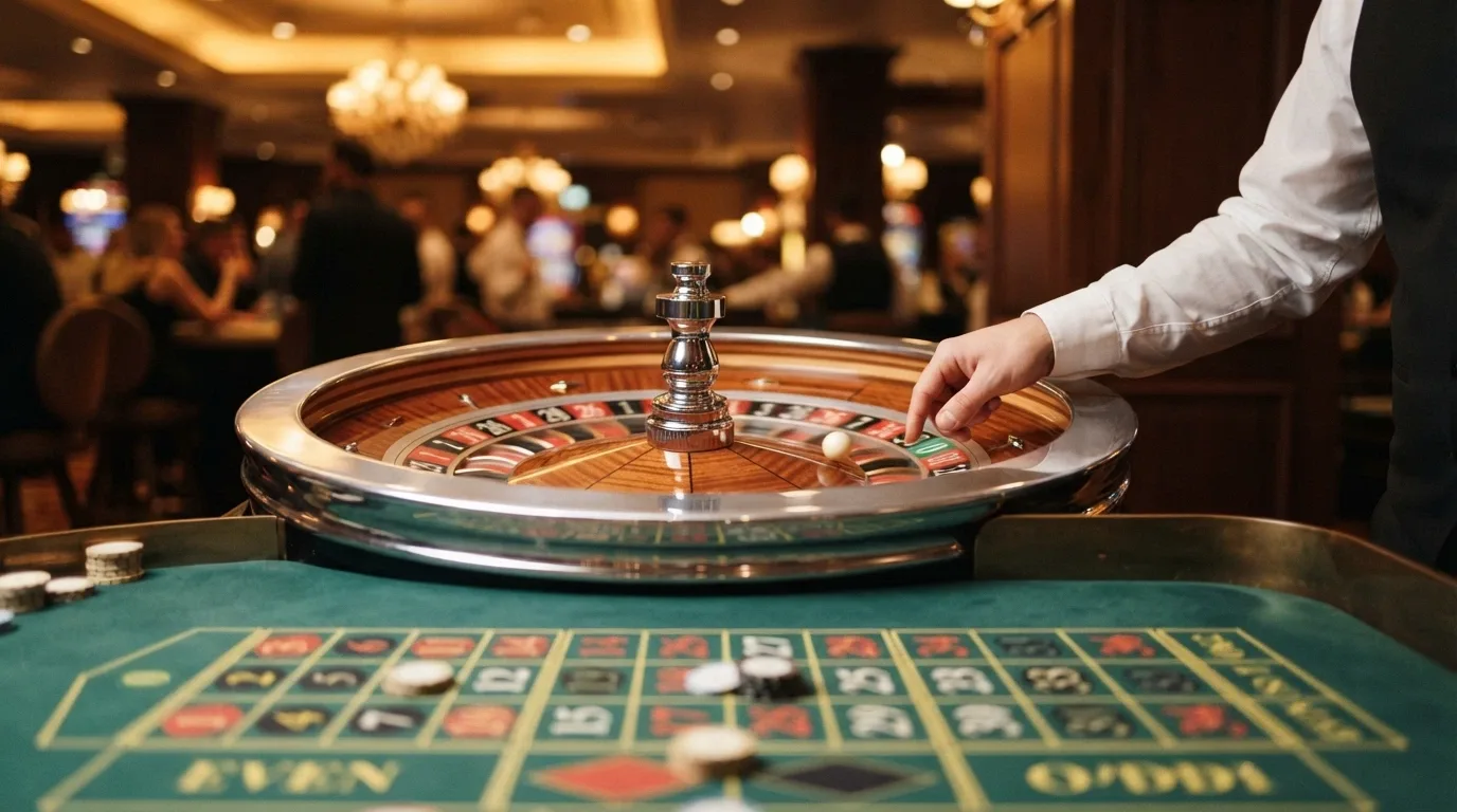 Ruota della roulette dal vivo in primo piano, croupier che lancia la pallina, tavolo verde con numeri e puntate visibili