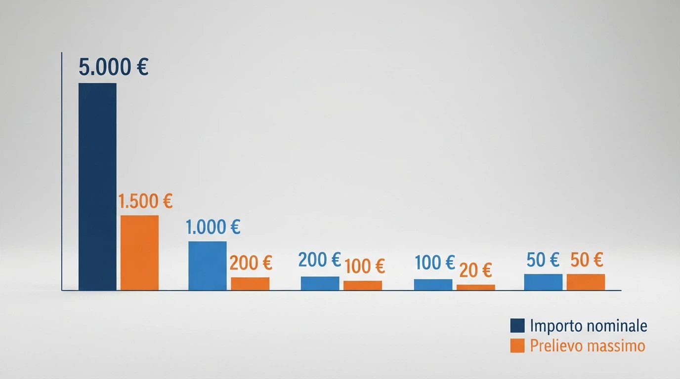 Un grafico a barre che visualizza la differenza tra importo nominale del bonus e importo massimo prelevabile per cinque operatori ADM