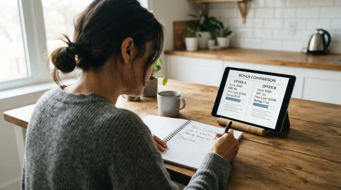Una persona prende appunti su un taccuino confrontando su un tablet diverse offerte di bonus senza deposito