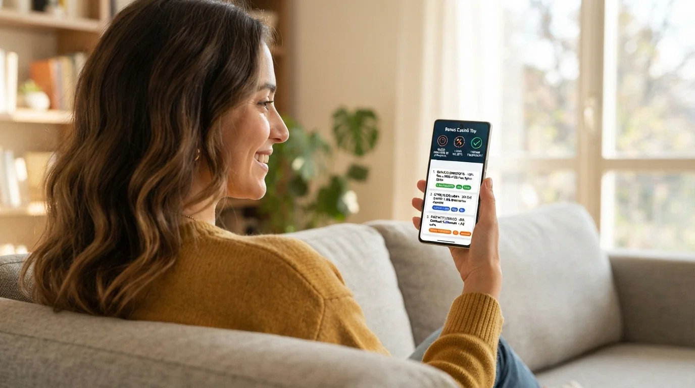 Un giocatore sorridente con il telefono in mano osserva la schermata del proprio conto casinò dove compare la lista dei bonus disponibili; in sovrimpressione tre icone che rappresentano wagering basso, validità lunga e limite di puntata trasparente.