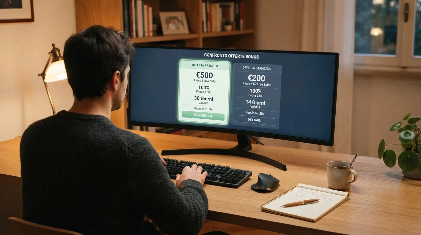 Un giocatore davanti allo schermo che confronta due offerte, con i tre parametri chiave (rollover, validità, deposito) evidenziati in sovrimpressione