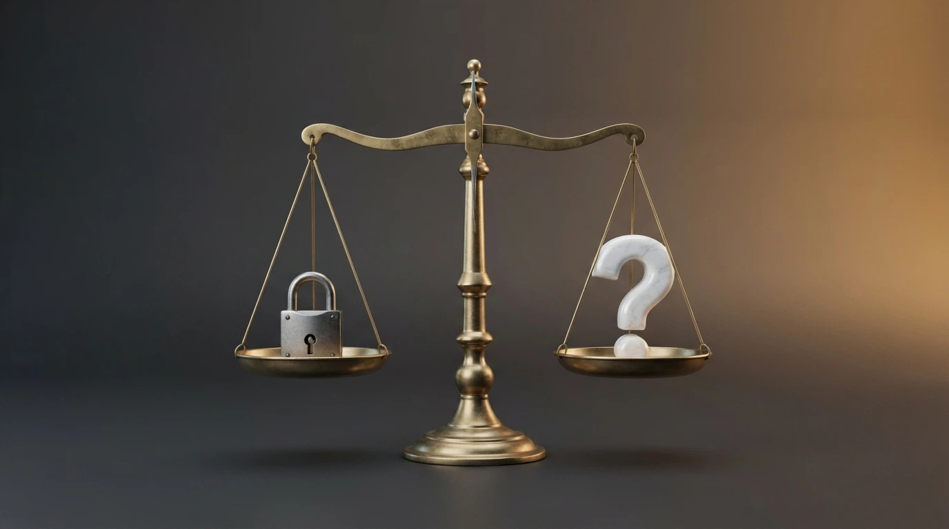 Una bilancia con da un lato un lucchetto e dall'altro un punto interrogativo