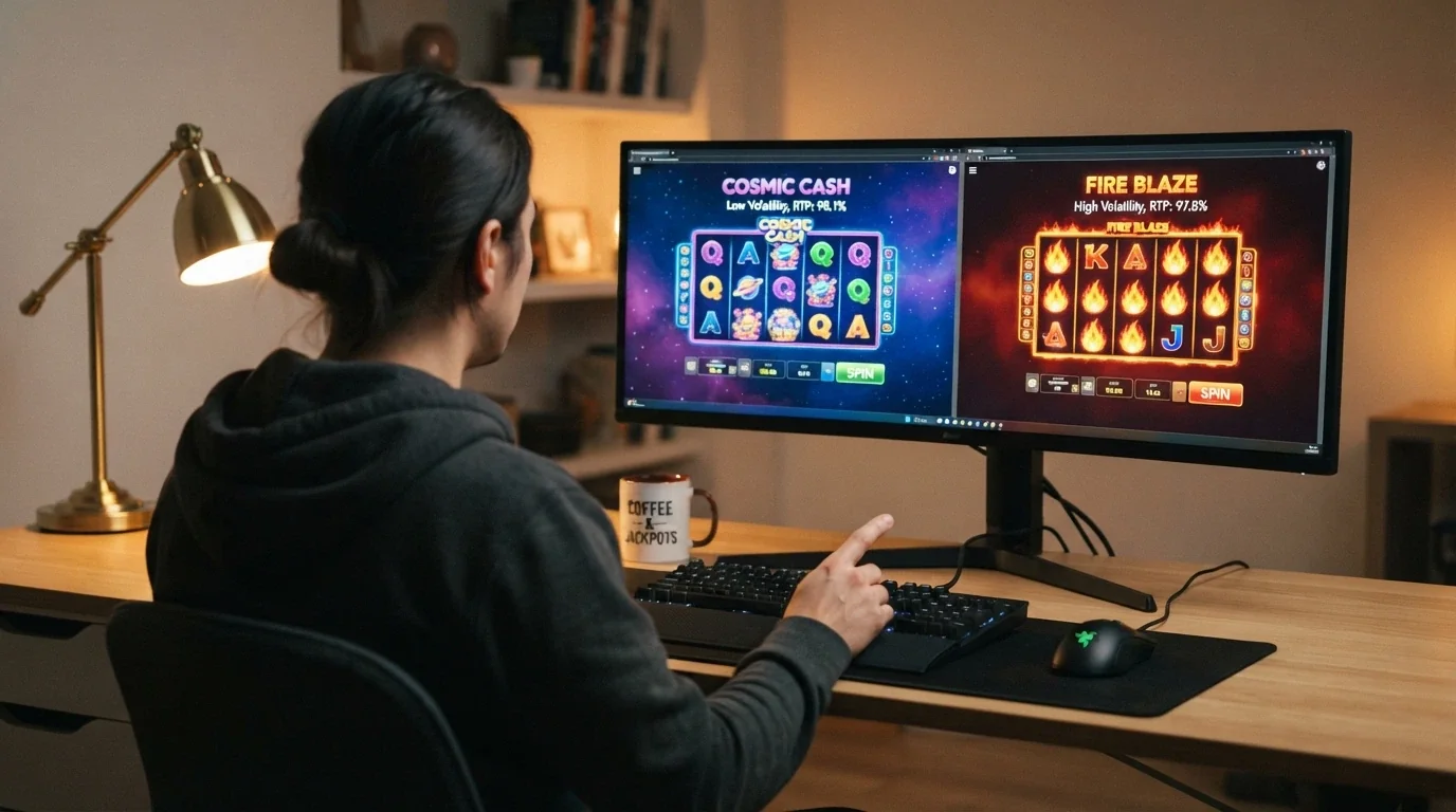un giocatore davanti a uno schermo che confronta due slot affiancate con RTP e volatilità indicati, con il dito sospeso tra le due — metafora visiva della scelta informata