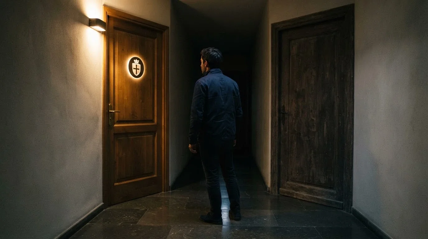 Un giocatore di spalle davanti a due porte: una illuminata con il simbolo ADM, l'altra in ombra senza insegne
