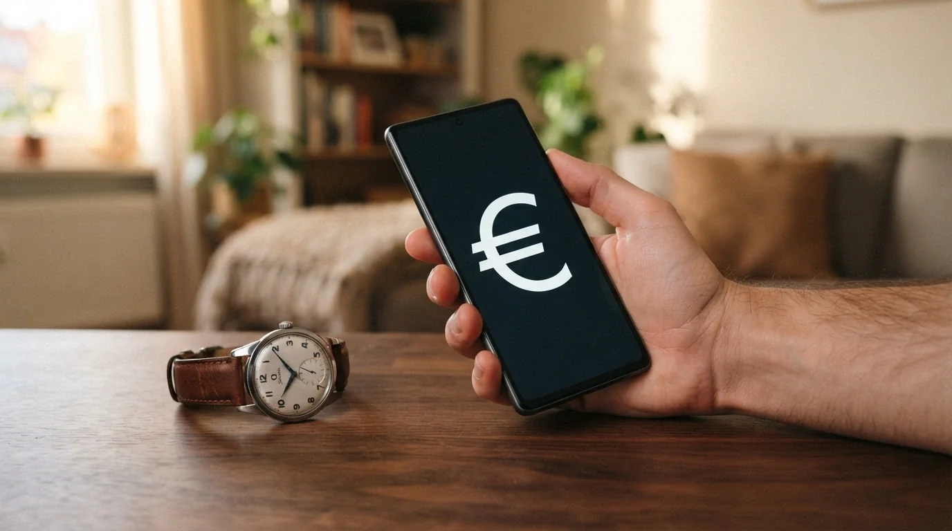 Una mano che inserisce una carta in un terminale virtuale, con un orologio sullo sfondo e una freccia che collega il gesto all'icona di un prelievo