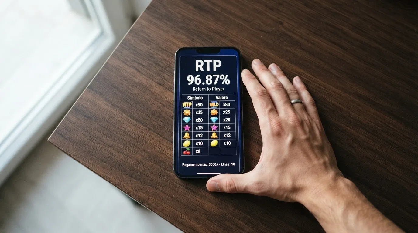 il pannello informazioni di una slot machine online aperto sulle regole del gioco, con il valore RTP e la tabella dei pagamenti in evidenza