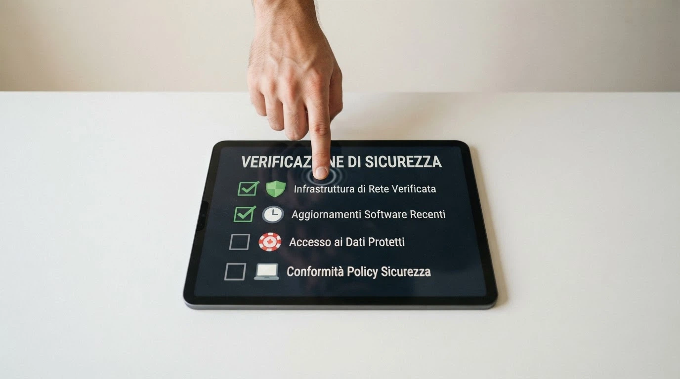 Una checklist su un blocco note digitale con quattro voci barrate: licenza, track record, commissioni trasparenti, pagamenti regolari