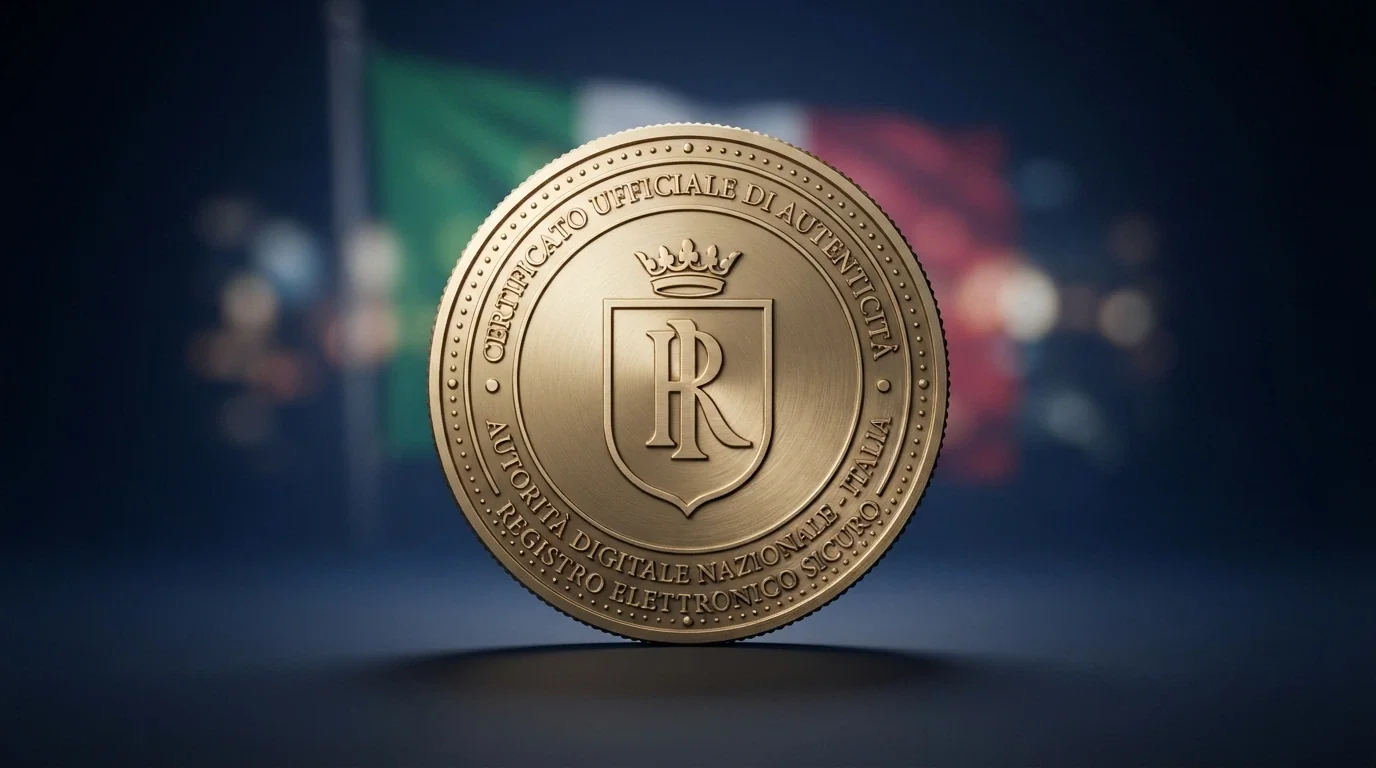 Un sigillo ufficiale con la scritta ADM sovrapposto a uno scudo, sullo sfondo la bandiera italiana in trasparenza