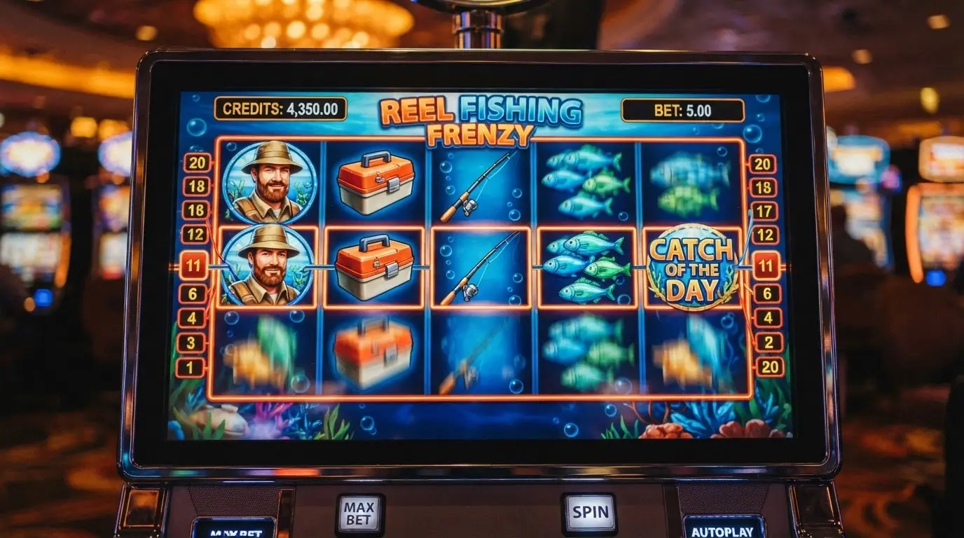 I rulli della slot Big Bass Bonanza in azione su uno schermo, con i simboli del pescatore, della cassetta degli attrezzi e del pesce in evidenza