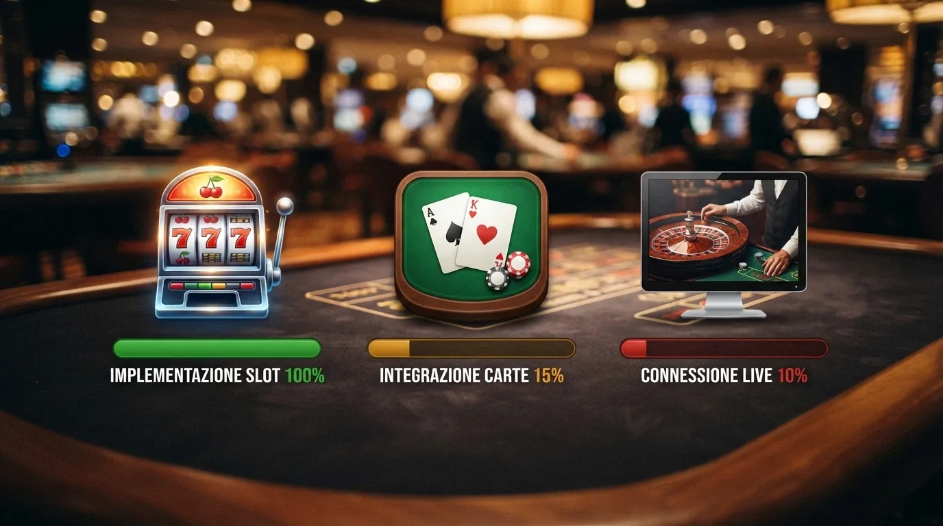 Tre icone affiancate — slot machine, tavolo da gioco, tavolo live — ciascuna con una barra di progresso riempita al 100%, al 15% e al 10% rispettivamente