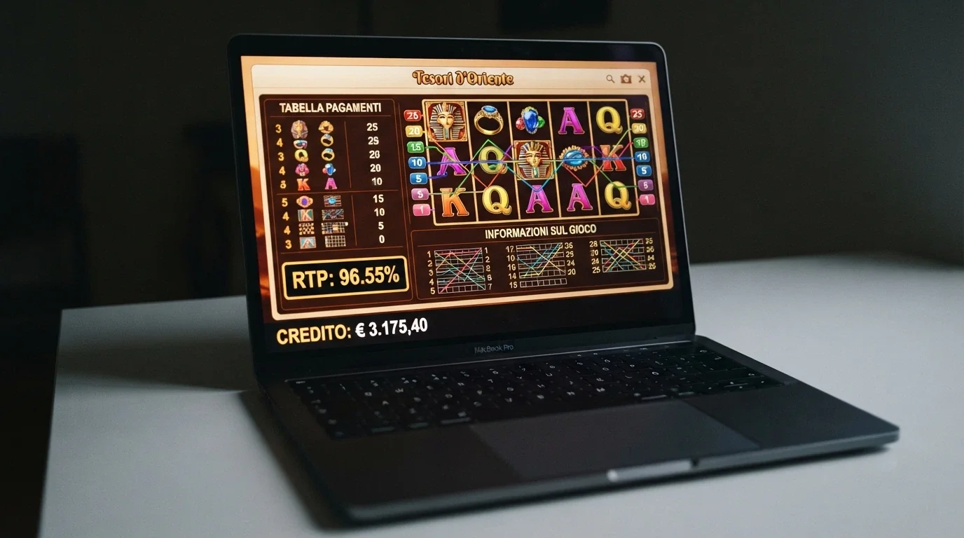 Il pannello informativo di una slot in demo che mostra RTP, linee di pagamento e simboli, affiancato al contatore dei crediti virtuali