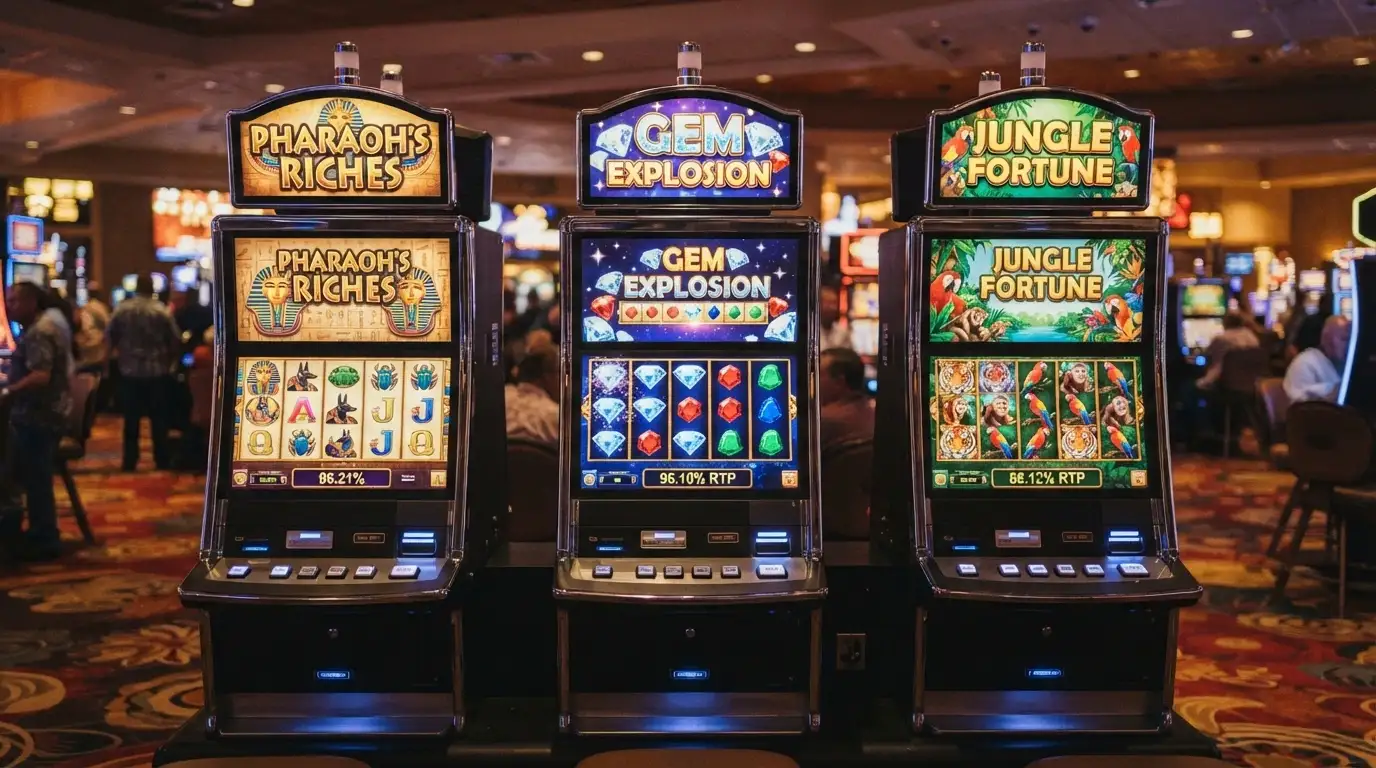 Tre slot machine affiancate con rulli colorati e simboli diversi, ciascuna con un piccolo pannello che mostra una percentuale RTP