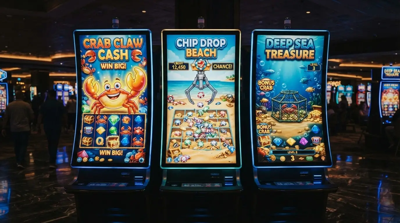 Tre schermate di slot a tema granchio affiancate — Crab Chaos con il granchio gigante in primo piano, Cash & Crab con la gru e le monete, Crab Trap con il fondale sottomarino — su monitor da casinò