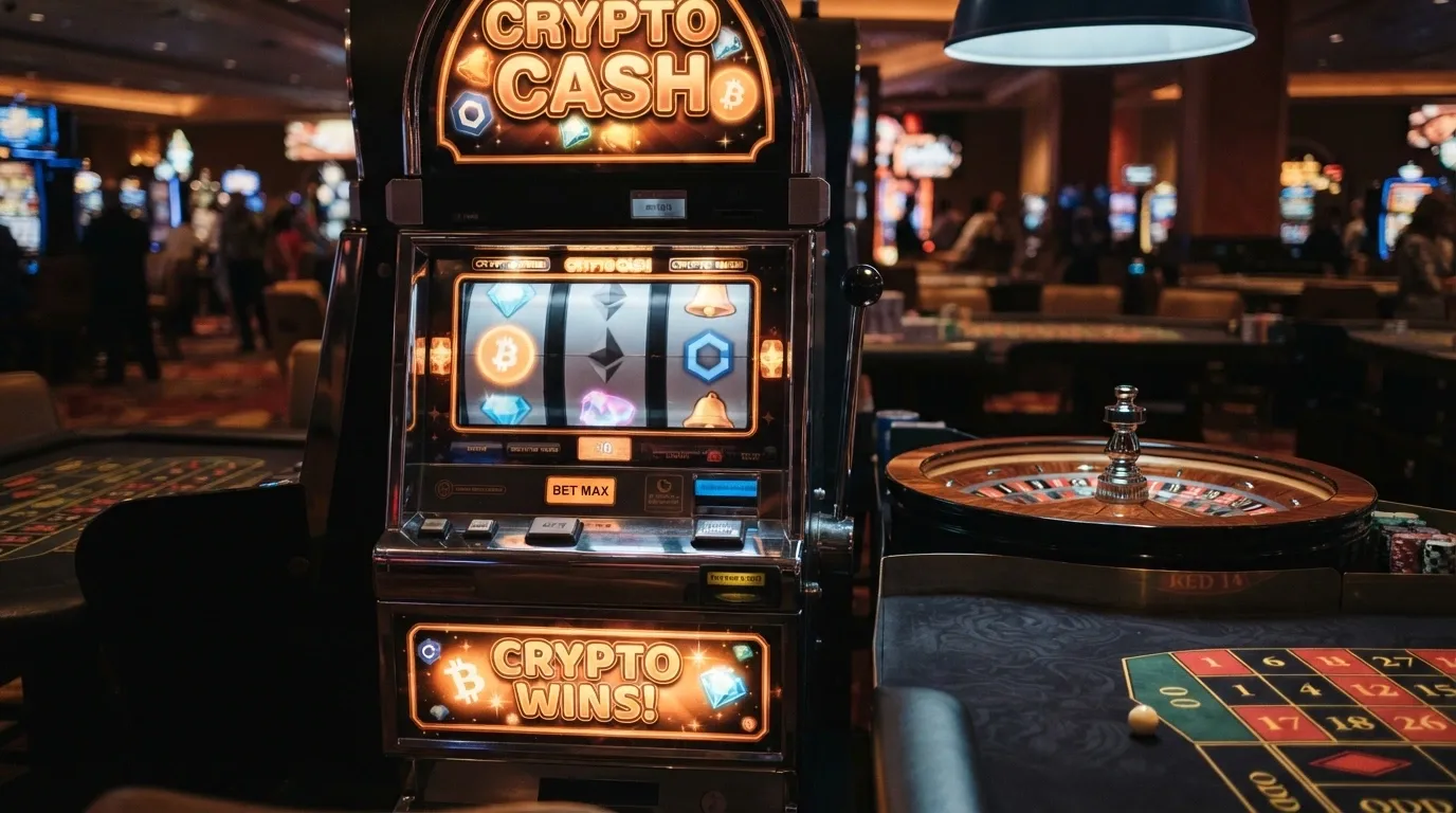 Una slot machine colorata in stile crypto con simboli Bitcoin, Ethereum e BNB sui rulli, affiancata da un tavolo da roulette