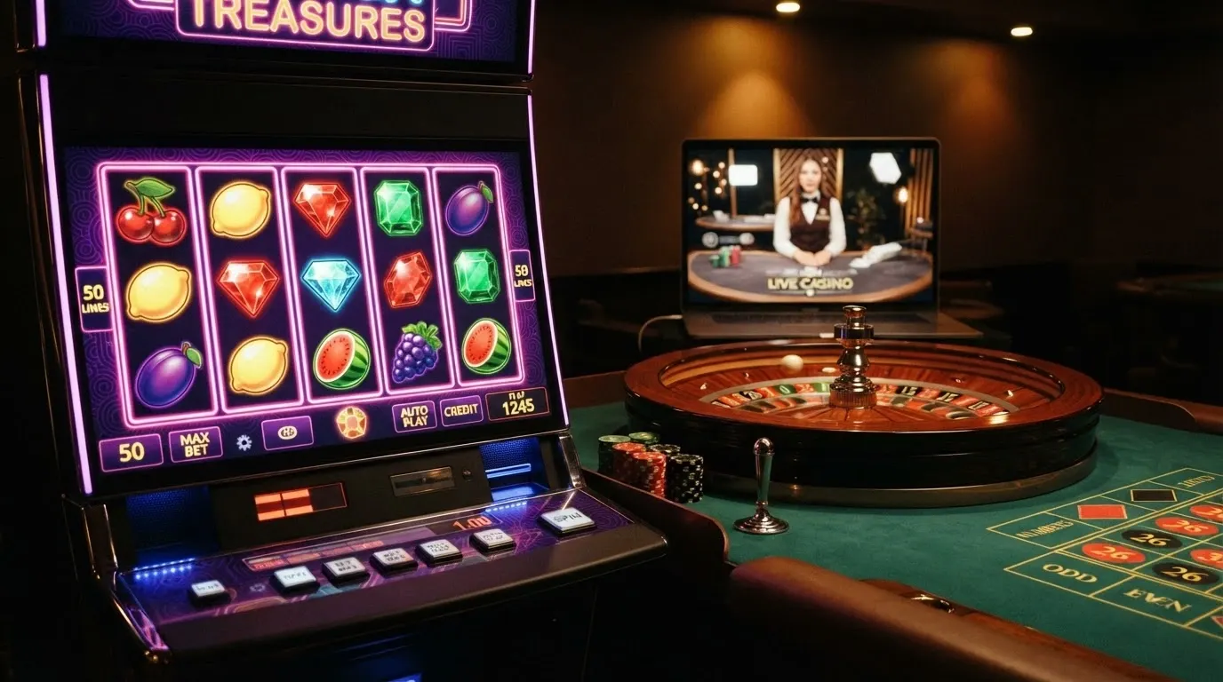 La griglia colorata di una slot machine affiancata da un tavolo da roulette con croupier dal vivo sullo sfondo di un'interfaccia di casinò crypto