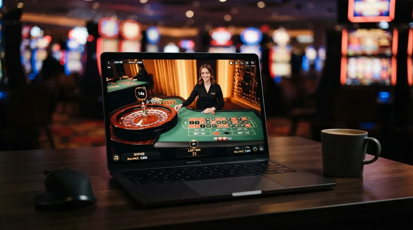 Una schermata di casinò live con un tavolo di roulette in primo piano e slot machine sullo sfondo