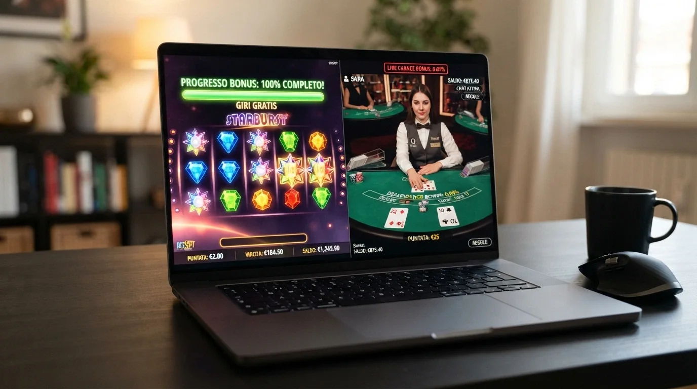 Slot machine online e interfaccia di live casino a confonto con indicatore di contribuzione al rollover