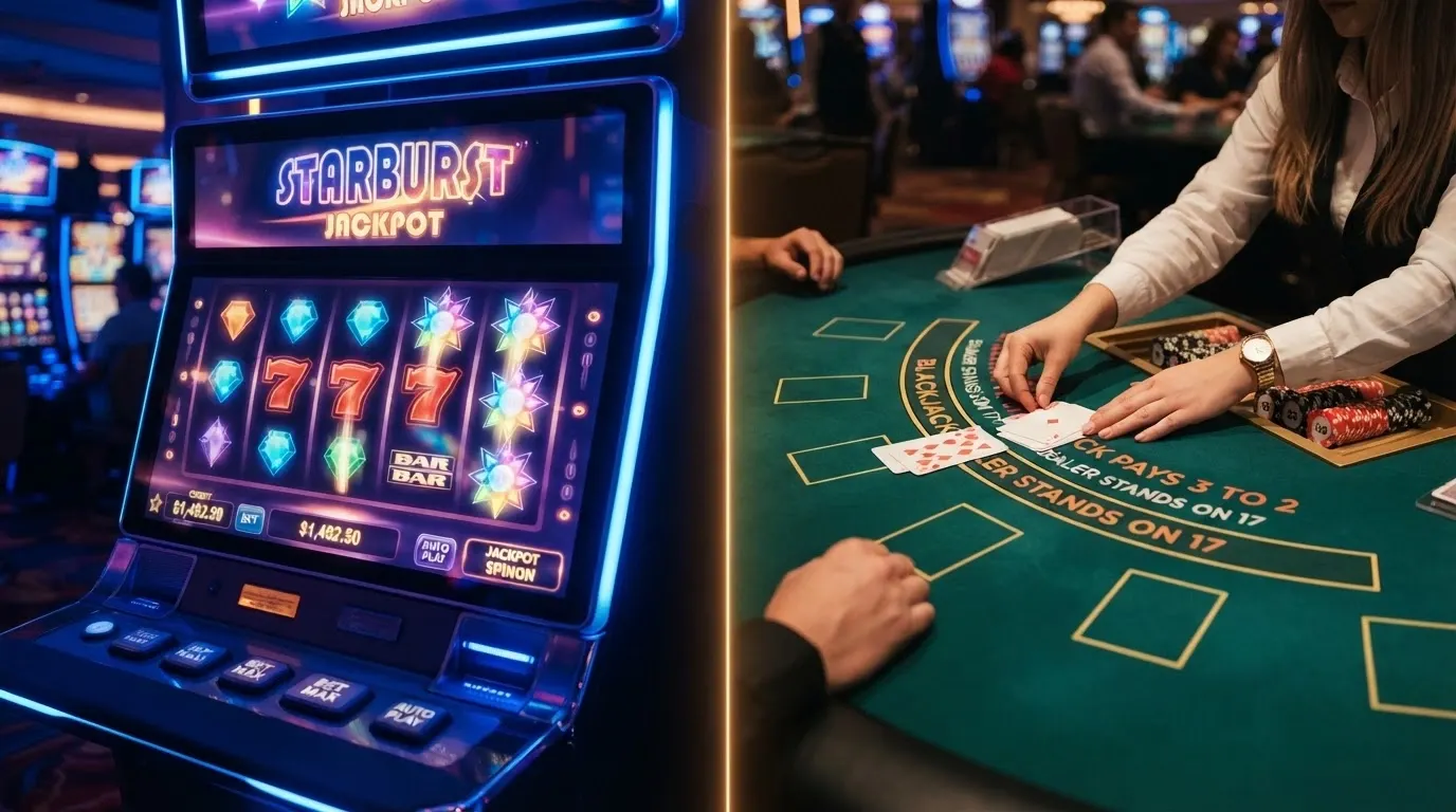 Una slot machine digitale affiancata a un tavolo da blackjack con un dealer in smoking, separati da una linea luminosa