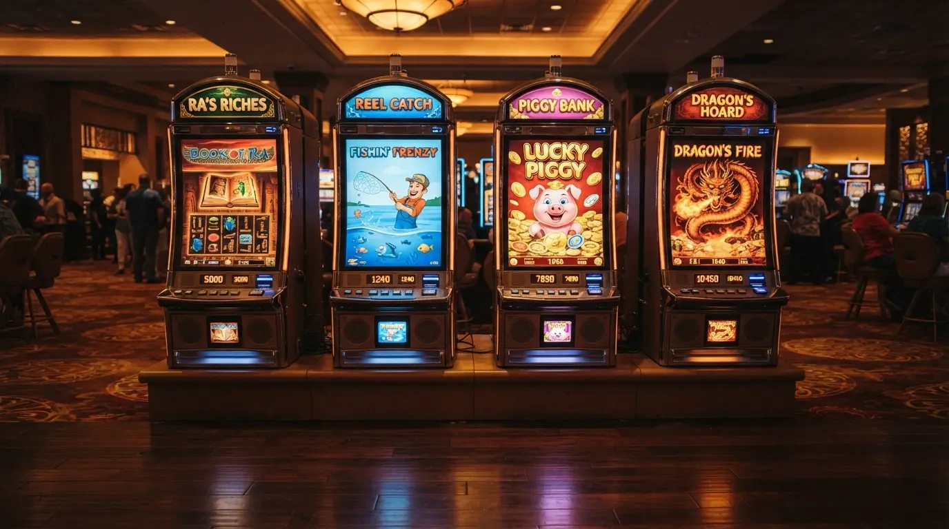 Una griglia di quattro slot machine con titoli riconoscibili — un libro egizio, un pescatore, un maiale con monete d'oro, un drago — illuminate a turno.
