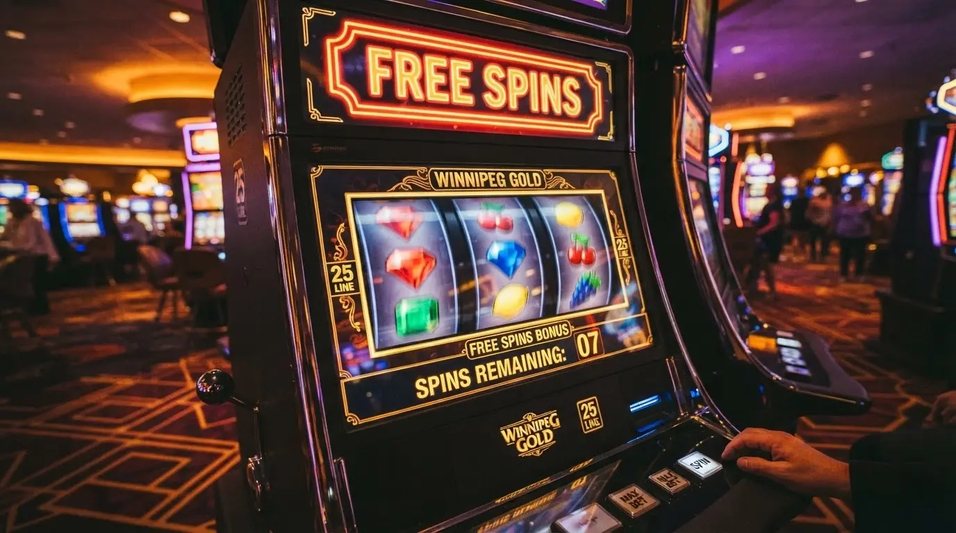 Una slot machine digitale con rulli in movimento, la scritta «Free Spins» illuminata e un contatore di giri in primo piano
