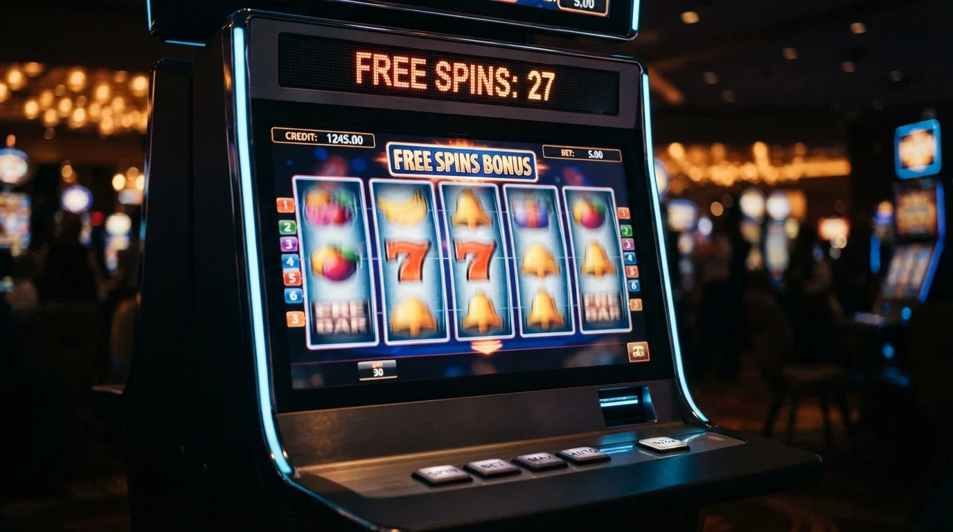 Una slot machine online con i rulli in movimento e il contatore dei giri gratuiti in evidenza