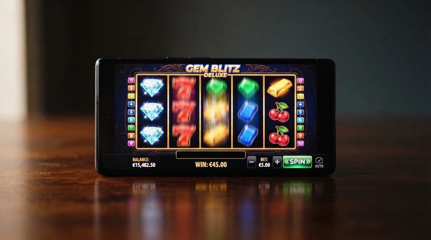 Schermata di una slot machine popolare in esecuzione su iPhone in orientamento orizzontale, con i rulli, il saldo e i pulsanti di puntata visibili