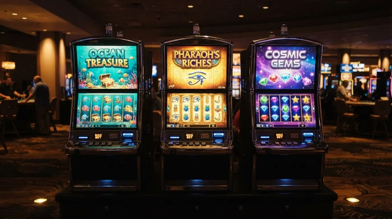 Tre slot machine affiancate con le schermate di gioco di Big Bass Bonanza, Book of Ra Deluxe e Starburst visibili