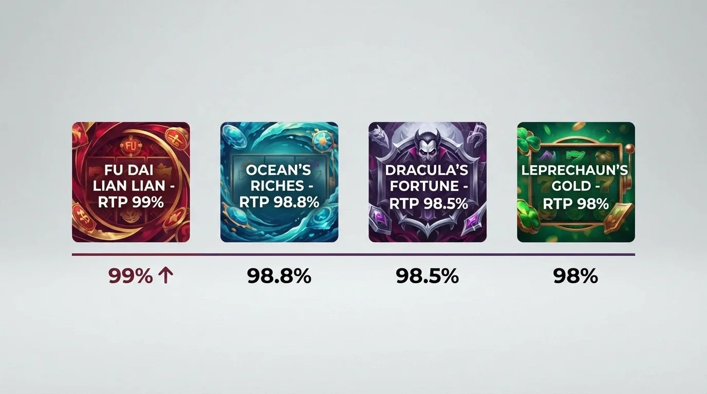 Una selezione di copertine di slot ad alto RTP (Mega Joker, Blood Suckers, 1429 Uncharted Seas) con la percentuale RTP in evidenza