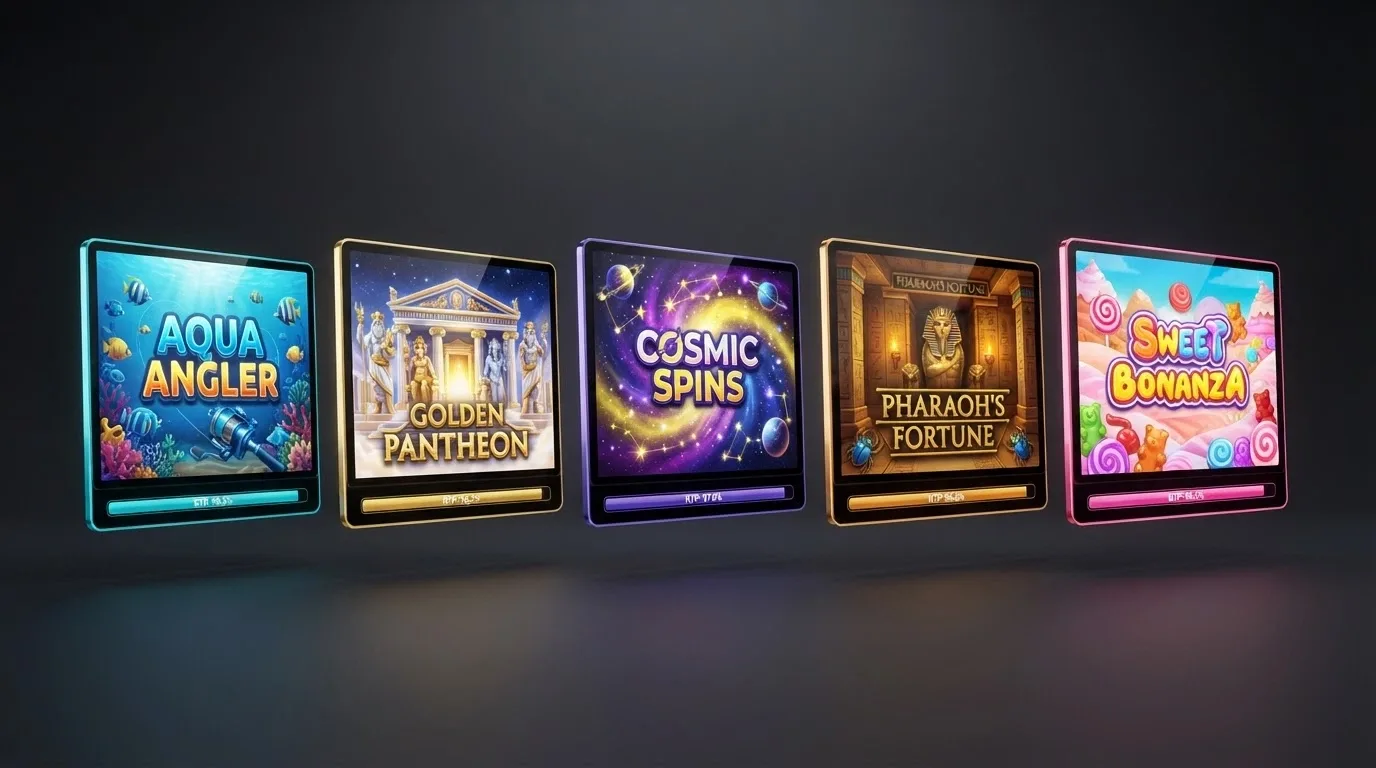 Una griglia di cinque slot machine con i nomi Big Bass Bonanza, Gates of Olympus, Starburst, Book of Dead, Sweet Bonanza e sotto ogni titolo una barra colorata dell'RTP