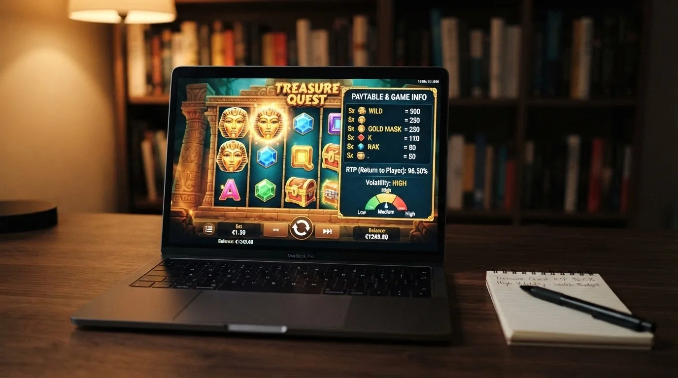 Interfaccia di una slot machine online con pannello informativo aperto su RTP, volatilità e tabella dei pagamenti