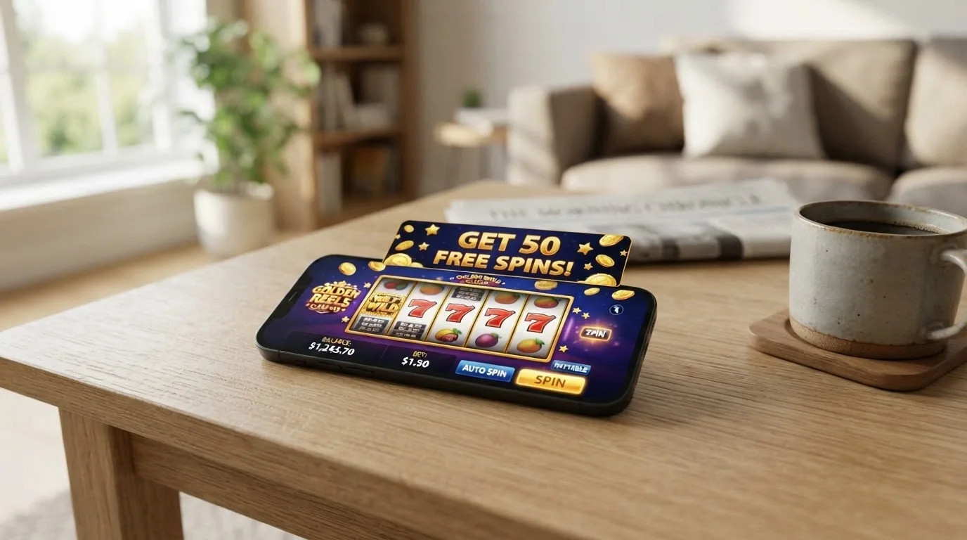 Smartphone con l'interfaccia di un casinò online aperta nel browser mobile e il banner dei free spins in evidenza