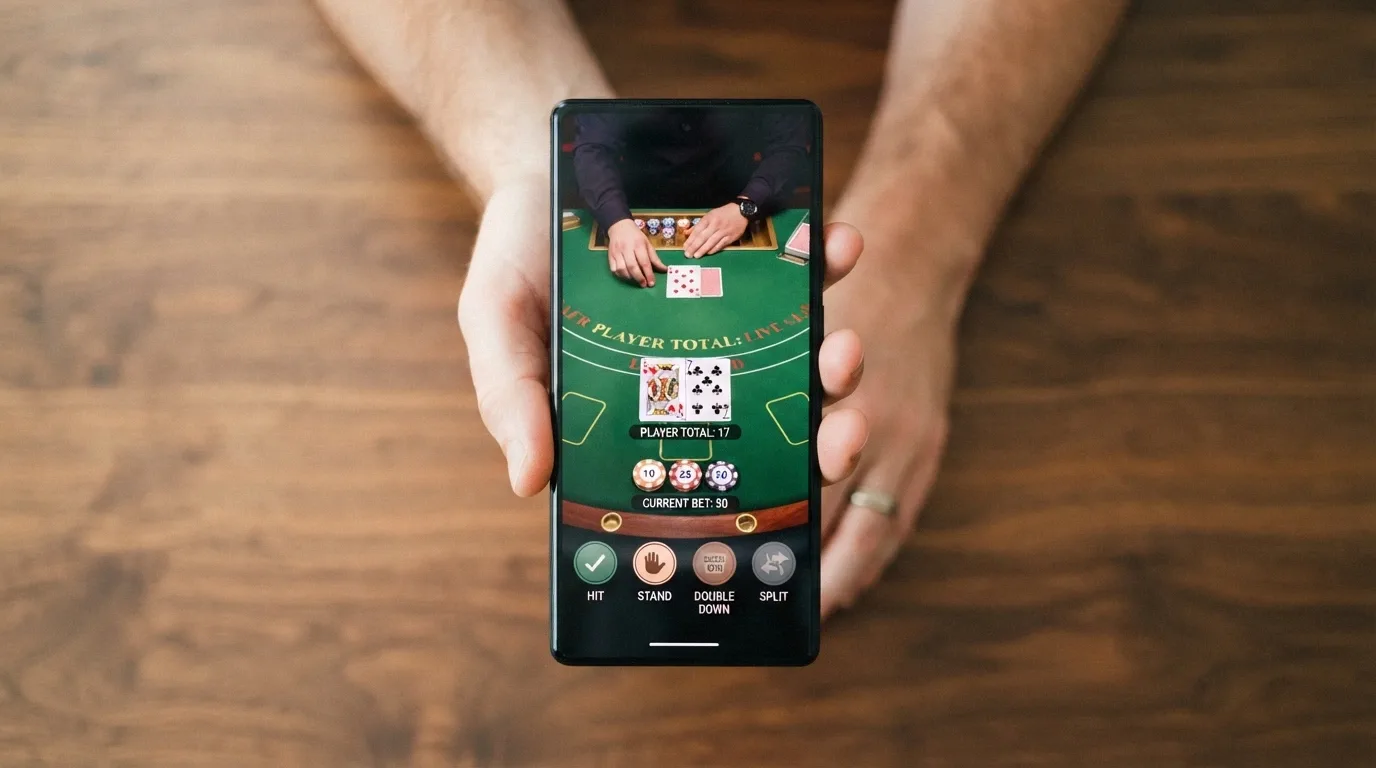 Smartphone in mano a un giocatore, schermo che mostra un tavolo di blackjack dal vivo con interfaccia touch e pulsanti di puntata