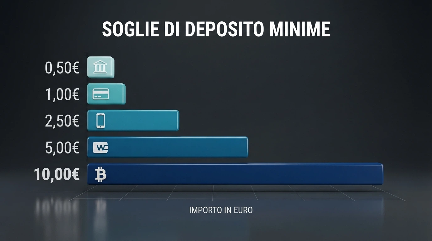 Un grafico a cinque barre orizzontali che mostra le soglie di deposito da 0,50€ a 10€ con le icone dei metodi di pagamento accanto a ciascuna
