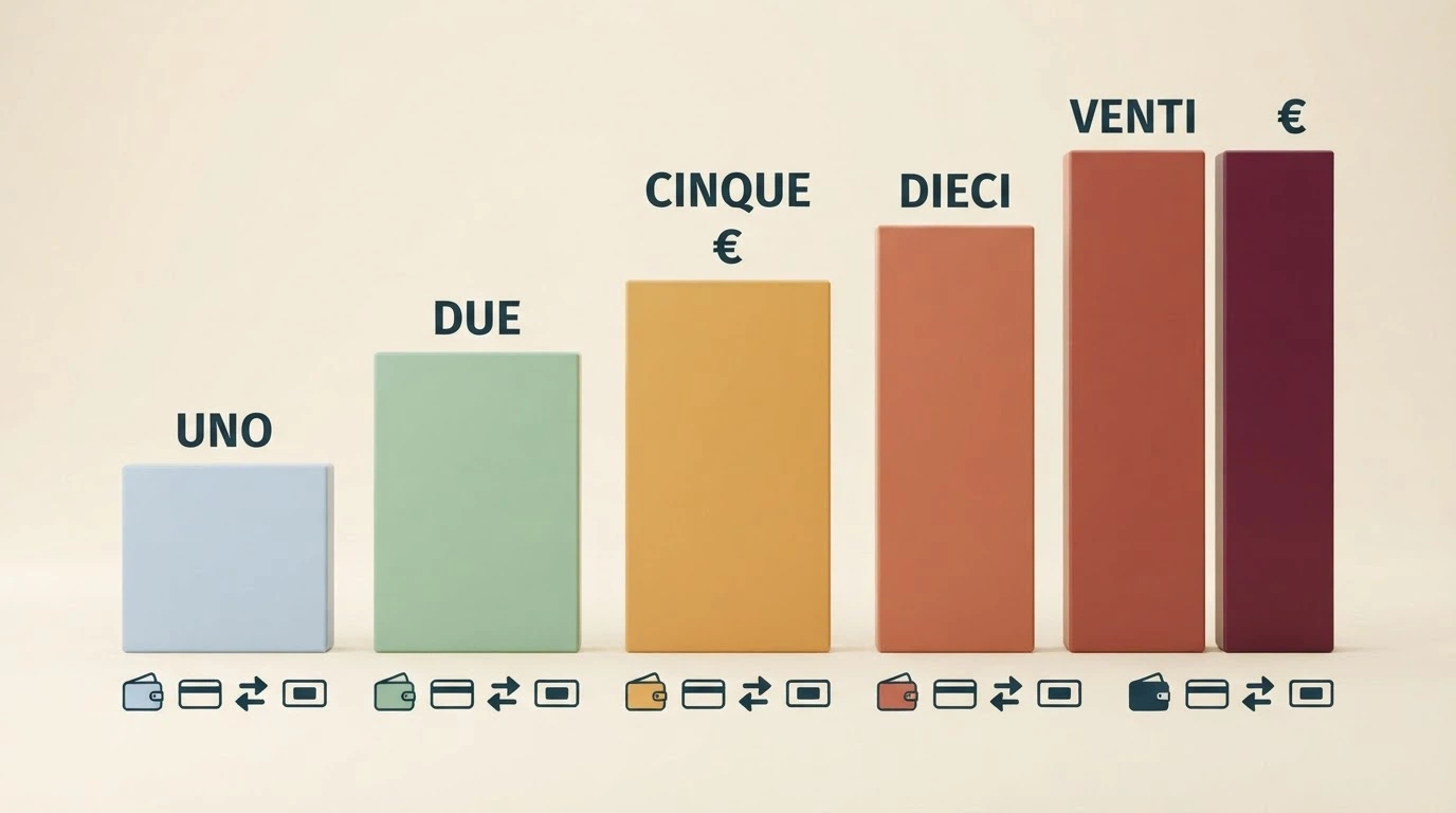 Schema visivo che confronta le diverse soglie di deposito (1€, 2€, 5€, 10€, 20€) con icone dei metodi di pagamento compatibili per ogni cifra