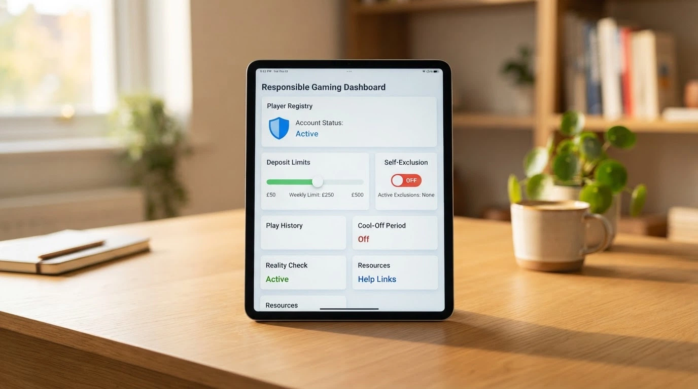 Una dashboard con slider per limiti di deposito, un interruttore per l'autoesclusione e un'icona del RUA