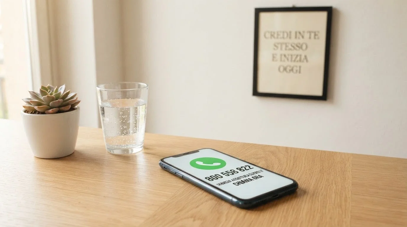 Telefono con il numero verde TVNGA 800 558 822 sullo schermo accanto a un bicchiere d'acqua su una scrivania ordinata