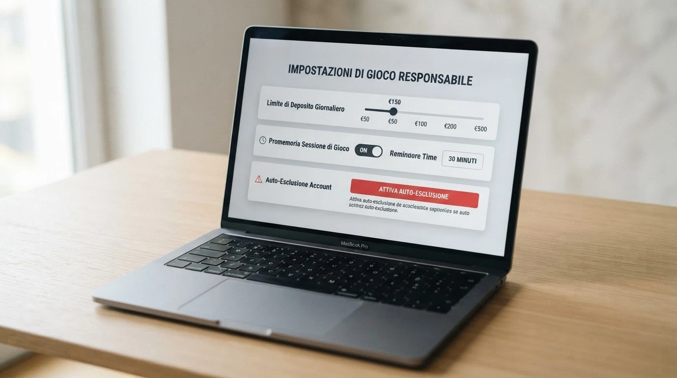 Il pannello di controllo di un casinò online con le opzioni per impostare limiti di deposito, tempo di gioco e attivare l'autoesclusione