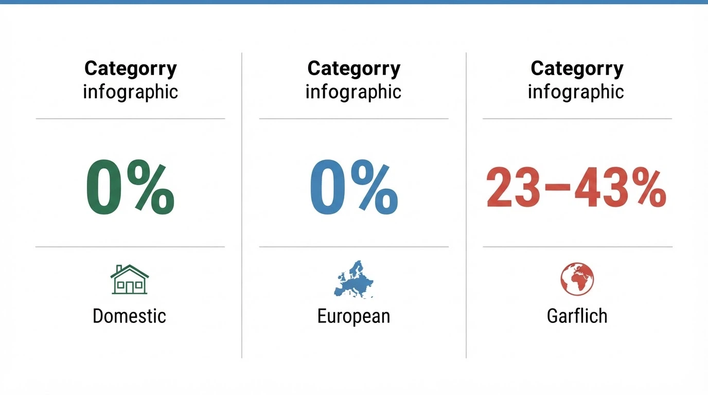 Tre colonne con etichette ADM, UE, Extra-UE e le rispettive aliquote fiscali (0%, 0%, 23-43%) in formato grafico