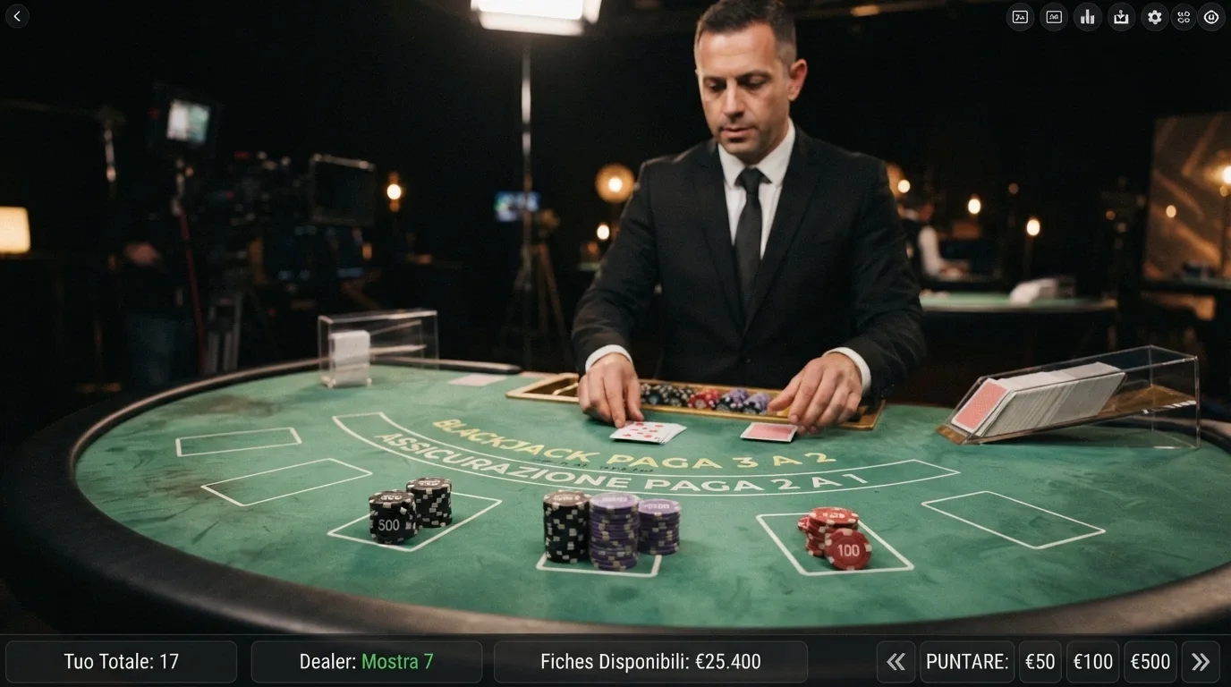 Un tavolo di blackjack live con croupier in smoking, fiches di taglio alto impilate ordinatamente e l'interfaccia del giocatore visibile