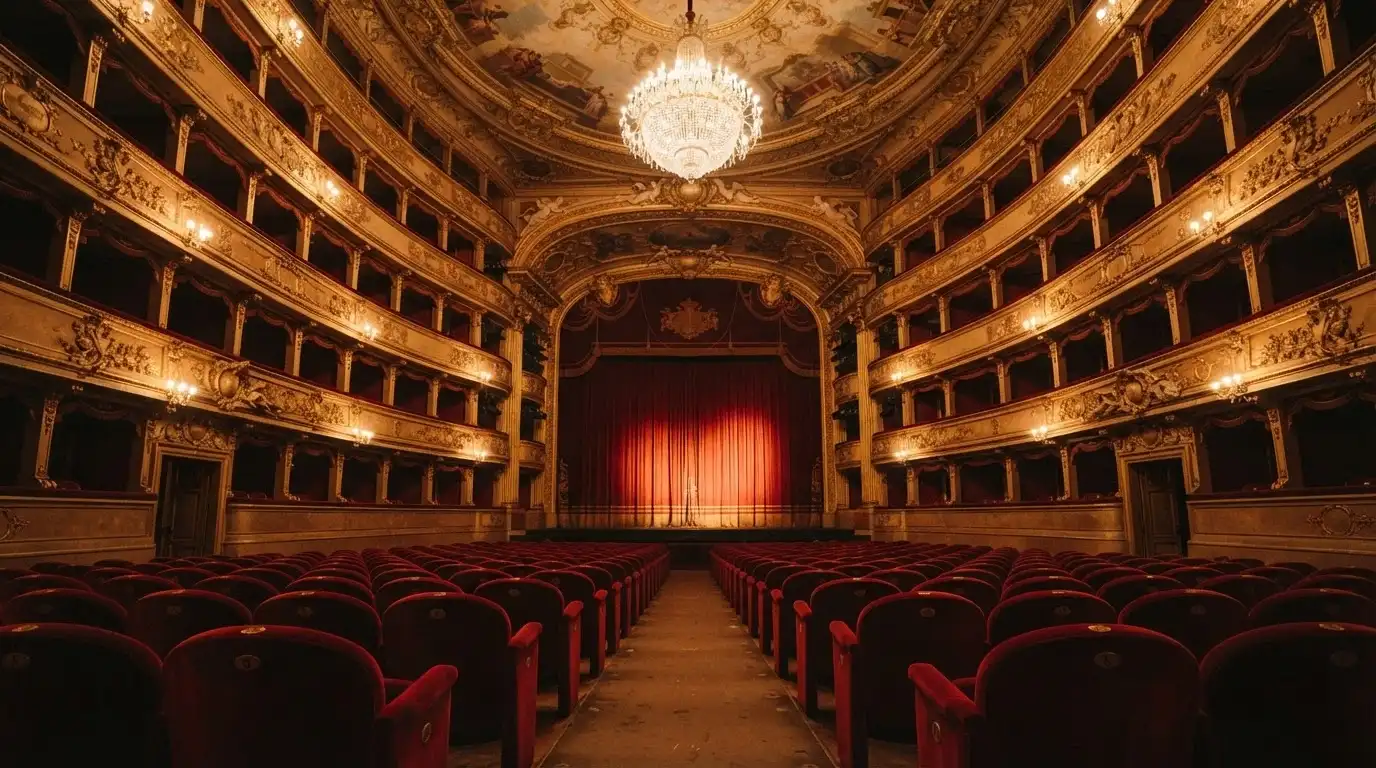 Interno del Teatro dell'Opera del Casinò di Sanremo con poltrone in velluto rosso e palchi laterali